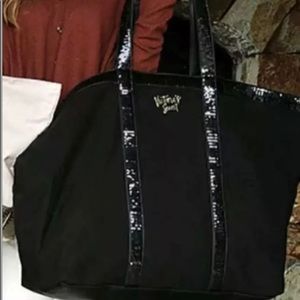 VICTORIA'S SECRET TOTE BLACK SEQUINS GOLD LOGO